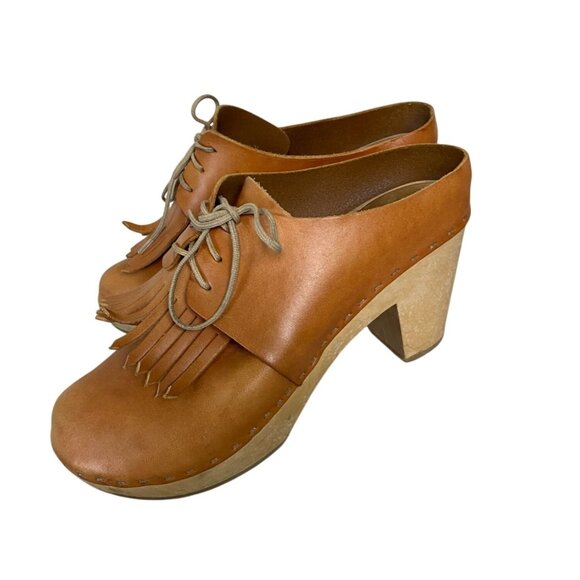BRYR Kiltie Clogs Mule Shoes Size 7 / 37 Brown Leather Fringe Heels Western Boho - Picture 1 of 16
